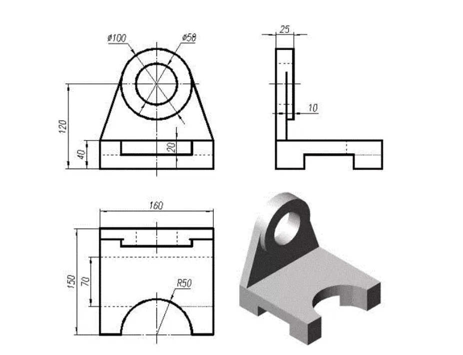 Mechanical drawing showing bore and feature dimensions