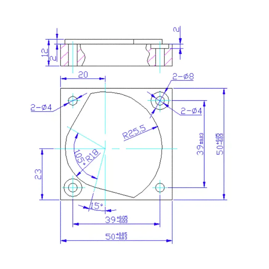 2D part drawing with dimensions and tolerances