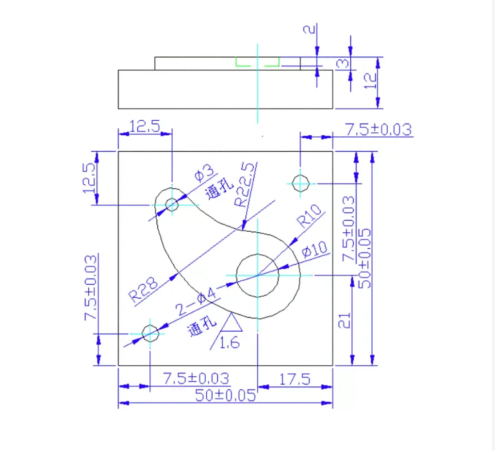 Engineering drawing with circular features and hole locations