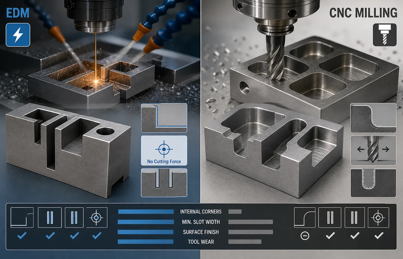 EDM vs CNC Machining technical illustration