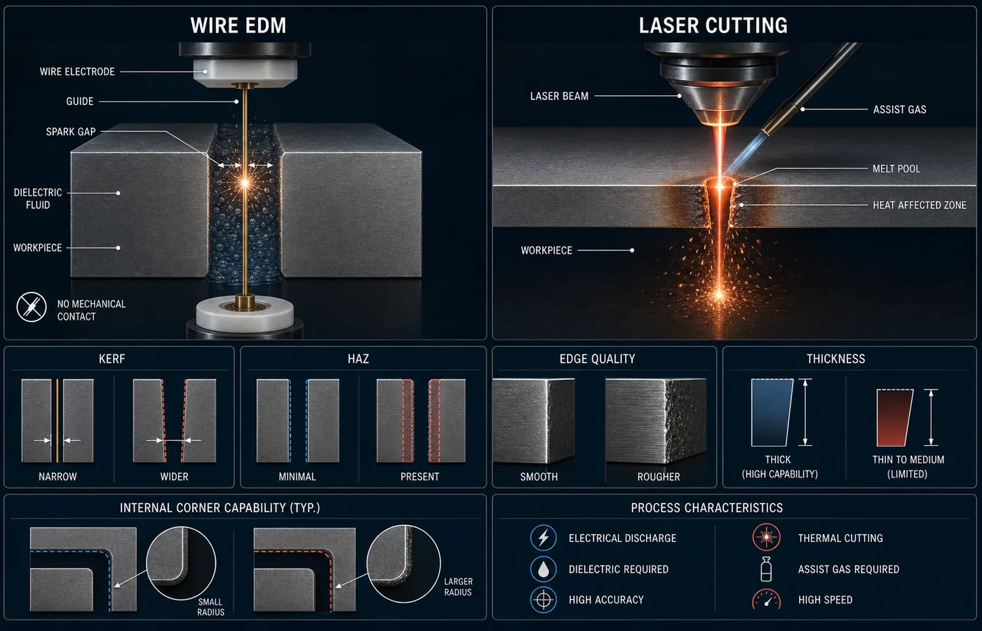 Wire EDM vs Laser Cutting technical illustration