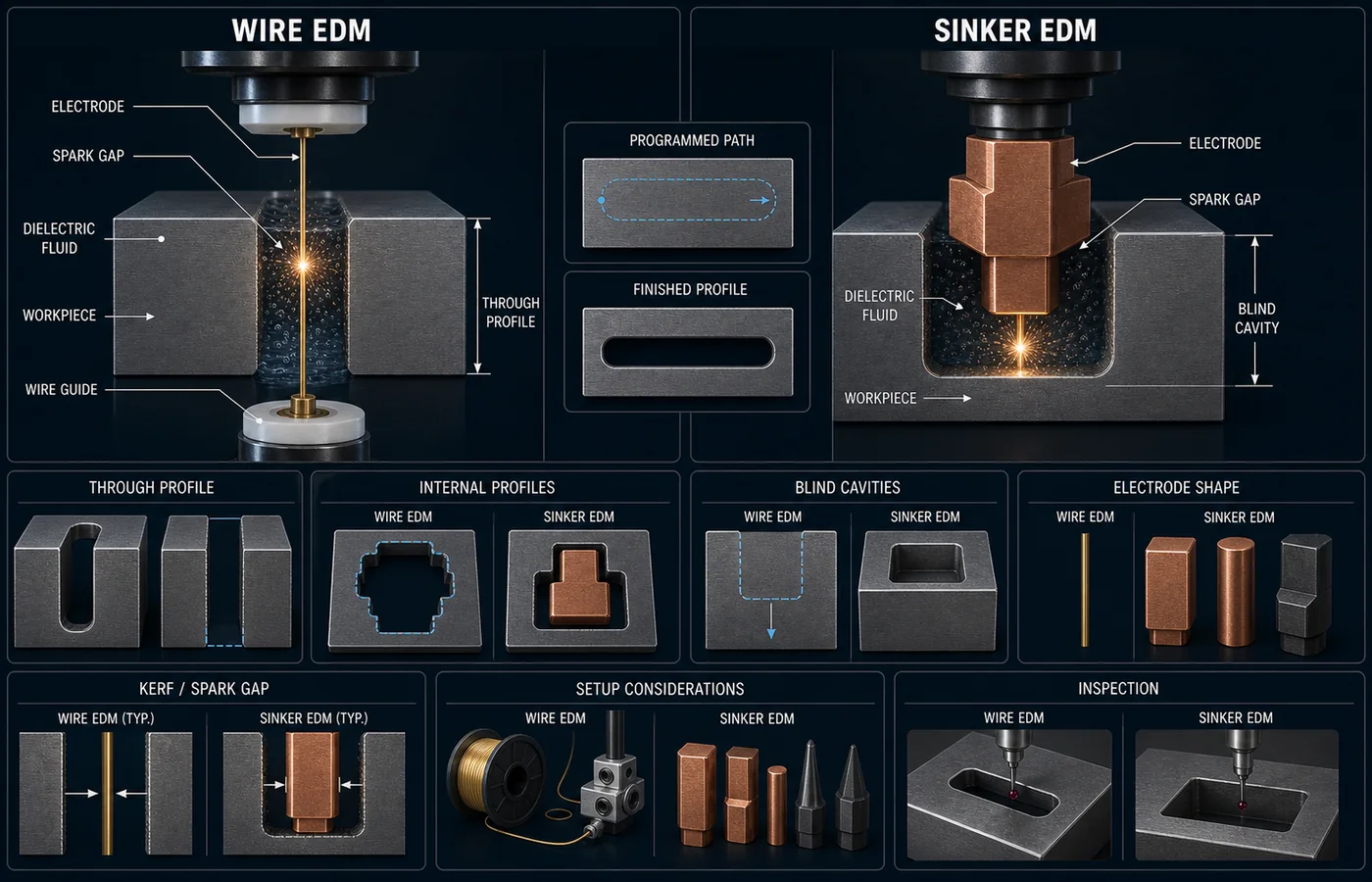 Wire EDM vs Sinker EDM technical illustration